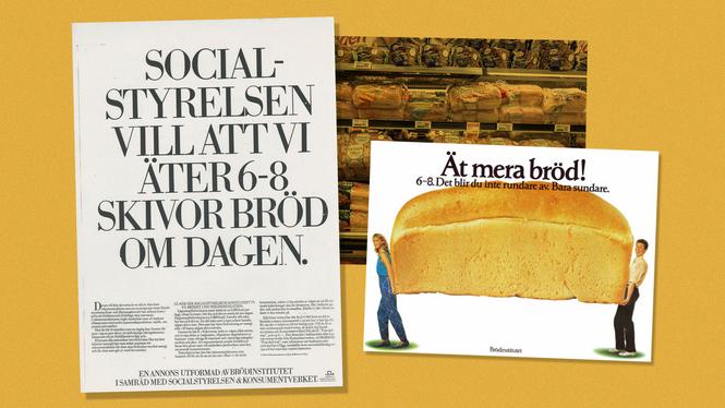 Affischer från Brödinstitutets kampanj 1976, genrebild på bröd i mataffären (montage)