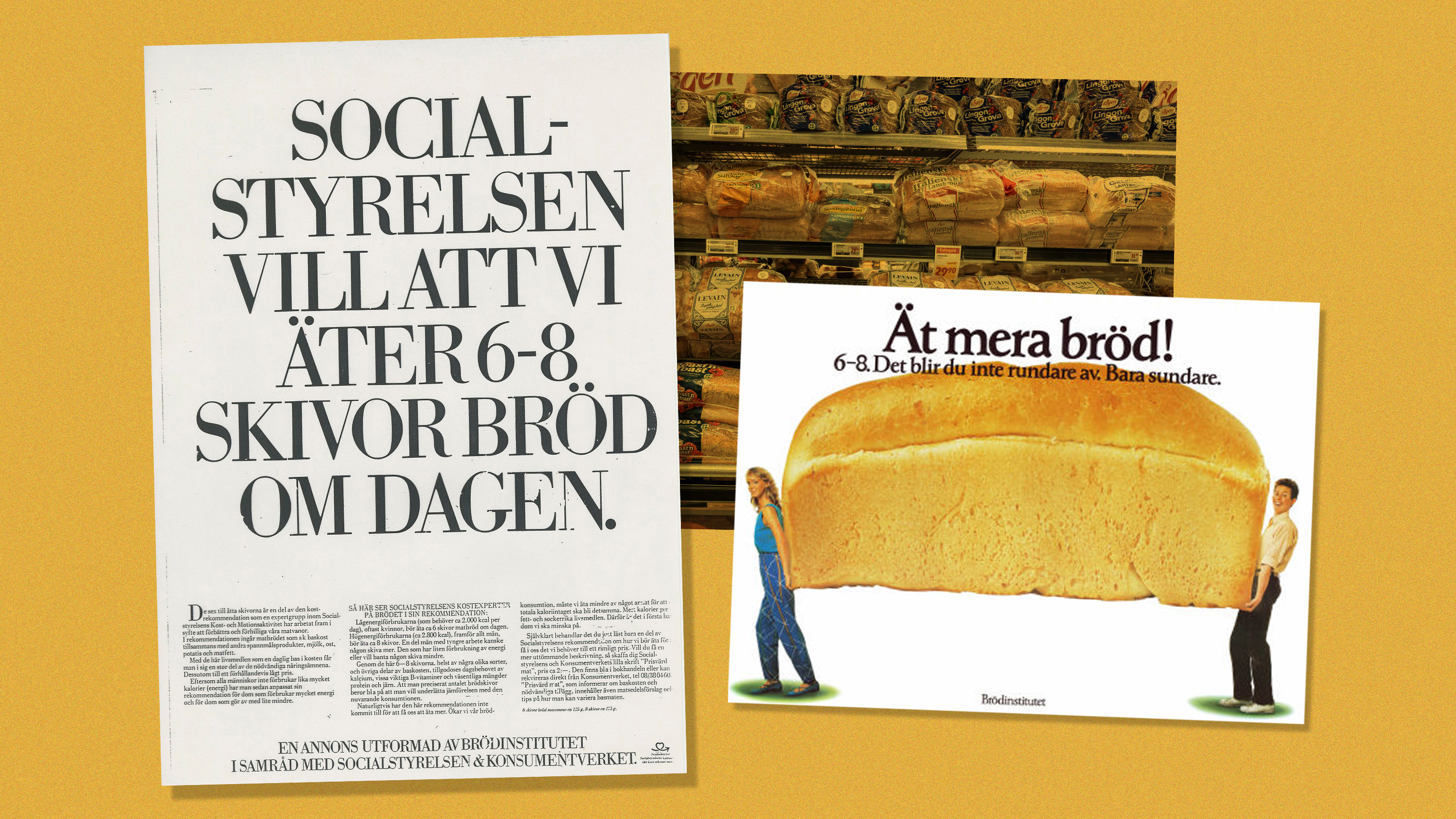 Affischer från Brödinstitutets kampanj 1976, genrebild på bröd i mataffären (montage)