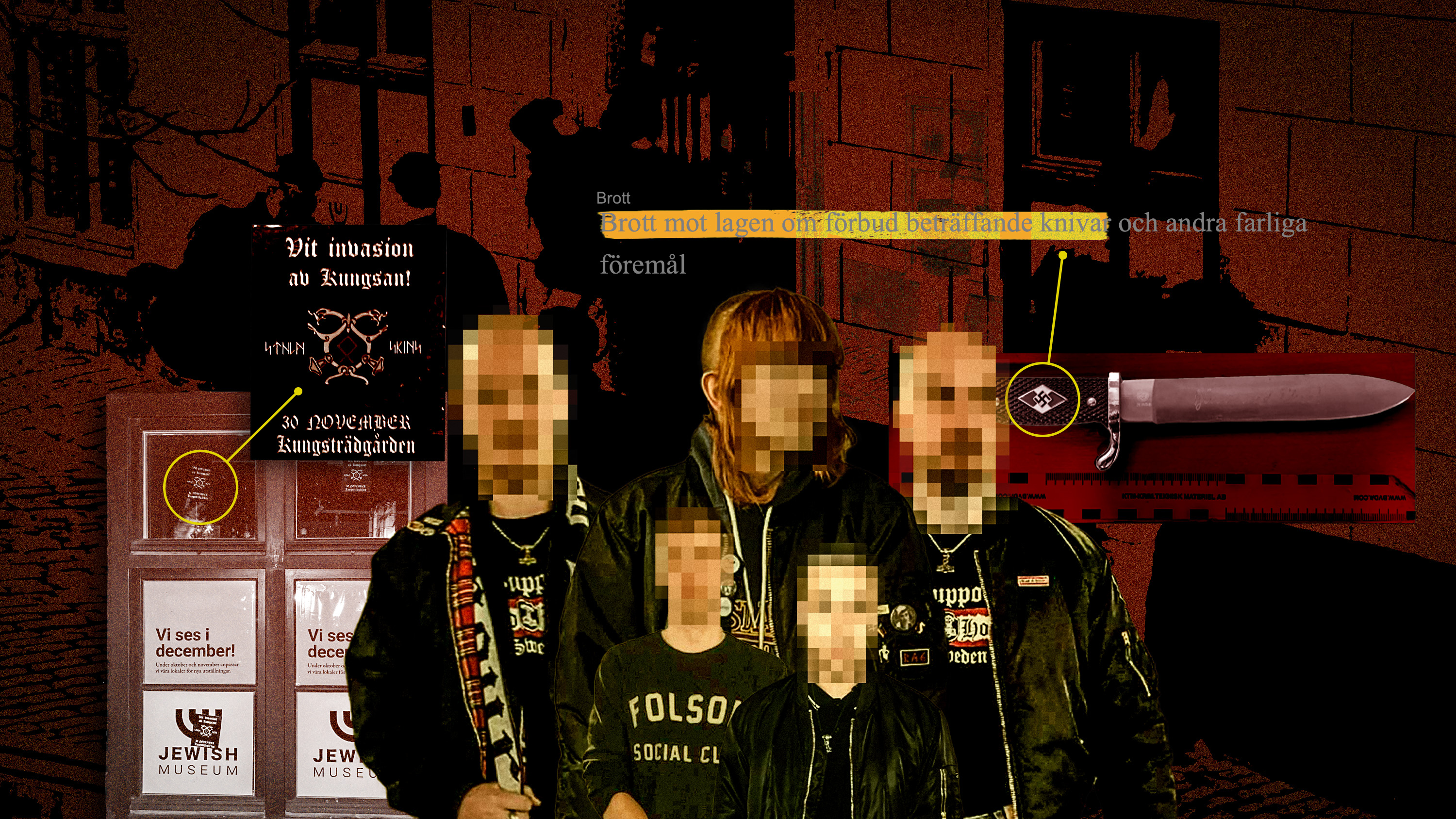 Fem män och en kvinna täckte Judiska museets fönster med klistermärken från nazigänget Sthlm skins. Idag börjar rättegången mot de unga skinnskallarna.