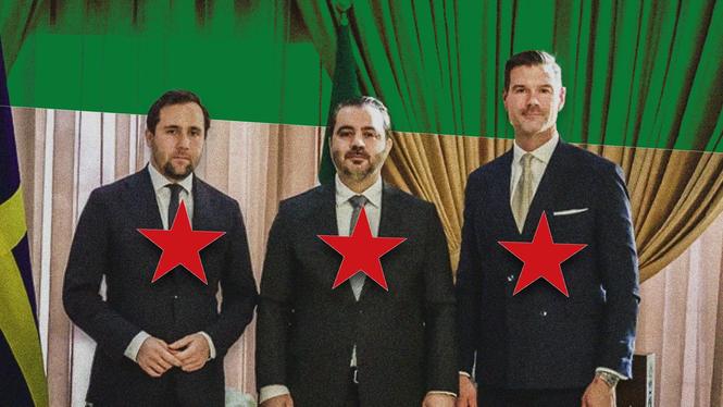 Johan Forssell och Benjamin Dousa tillsammans med Syriens utrikesminister Al-Shaibani under besöket i landet i november förra året.
