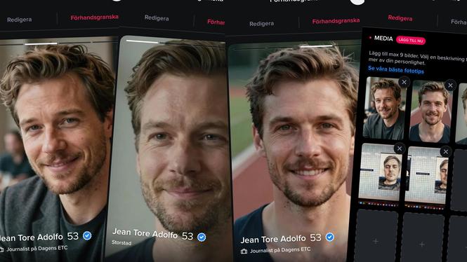 Fyra enkla steg – mer än så behövs inte för att lura dejtingappen Tinders funktion för fotoverifiering. På bilden syns hur en AI-genererad bild fått det blå märket som visar att profilen är verifierad.