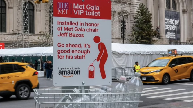 På bilder som sprids i sociala medier syns stationer med  "kiss-flaskor” i New York– i protest mot Amazon-grundaren Jeff Bezos huvudroll under Met-galan.
