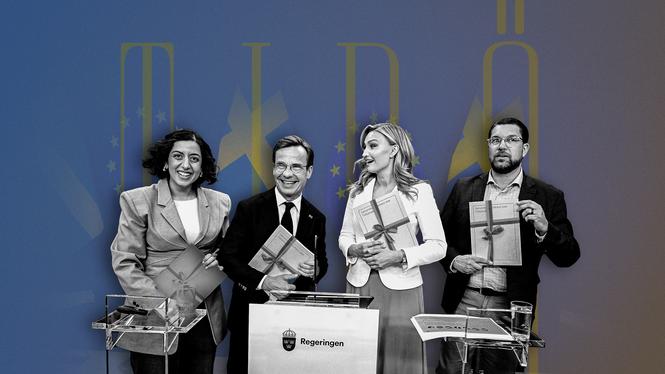 Simona Mohamsson (L), Ulf Kristersson (M),  Ebba Busch (KD) och Jimmie Åkesson (SD) presenterade tidigare i maj ett bokslut över Tidöavtalet. 
