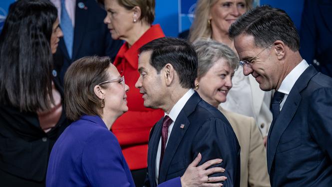 Sveriges utrikesminister Maria Malmer Stenergard,  USA:s utrikesminister Marco Rubio och Nato:s generalsekreterare Mark Rutte under NATO:s utrikesministermöte i Helsingborg.

