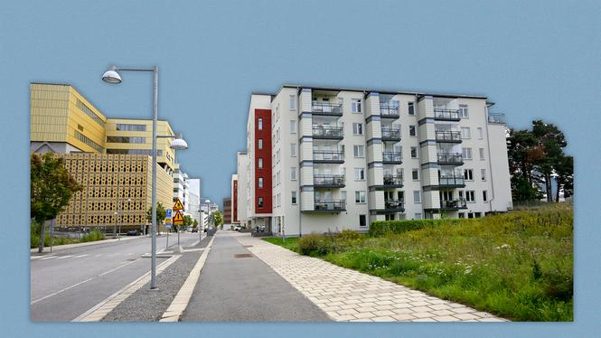 Nybyggt bostadsområde i Järva Krog, Ulriksdal med både radhus och lägenheter samt kontorsfastigheter och p-hus med nylagda gator, gatulyktor, planterade träd och parker.