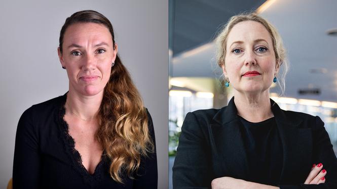 Maj Karlsson, socialpolitisk talesperson (V) och Hanna Gedin, EU-parlamentariker (V), debatterar mot Tidöregeringens jämställdhetspolitik.