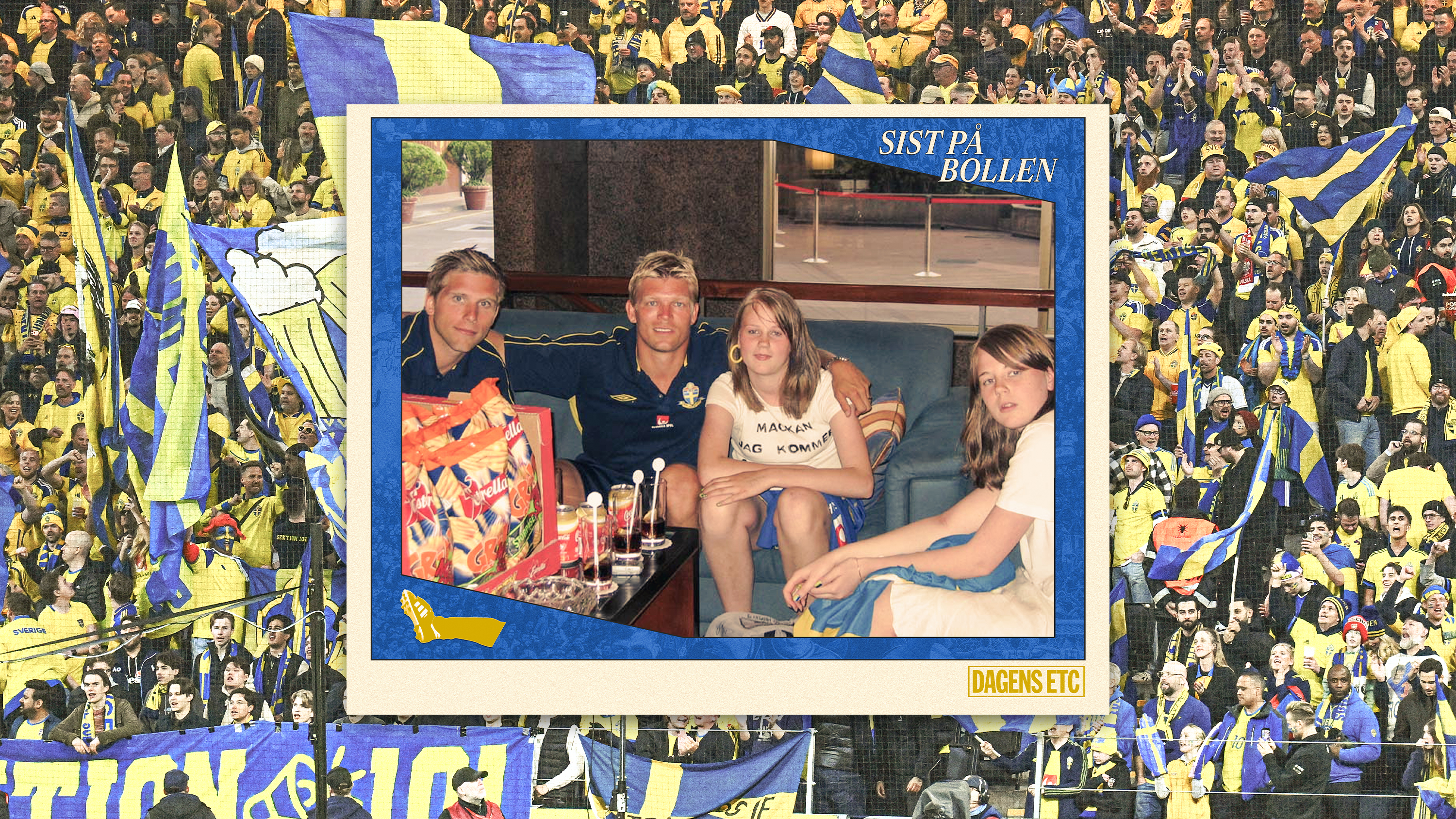 Hanna och Ida Petersen med Anders Svensson och Marcus Allbäck efter den stora grillchipsleveransen under EM 2004.